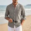 Men's Linen Stand-Up Collar Striped Shirt Spring and Autumn Casual Commuter Trend Slim-Fit Long Sleeve Shirt
