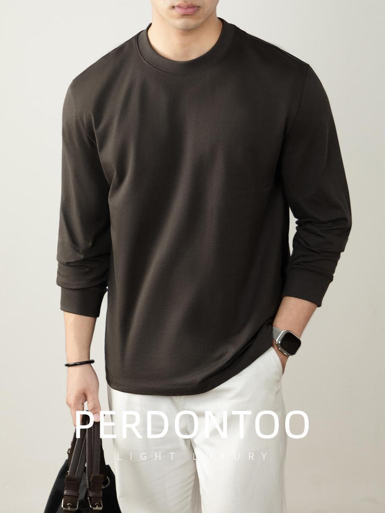 Men's Autumn/Winter Long-Sleeve Crew Neck T-Shirt - 320G Heavyweight Xinjiang Long-Staple Cotton, Loose Fit, Solid Color