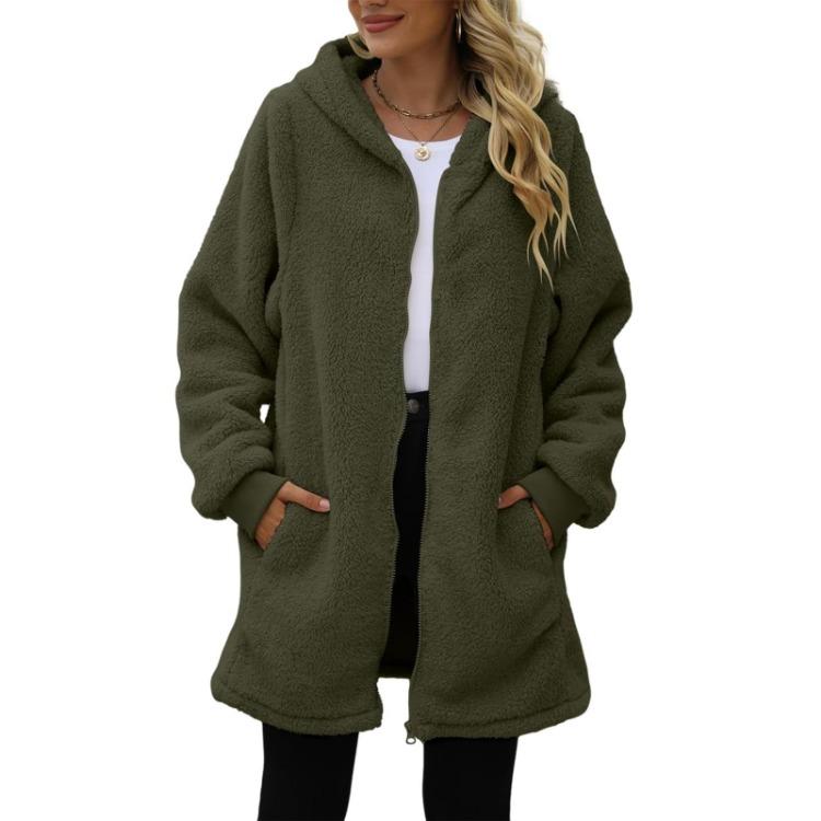 Fashionable Plush Jacket for Women Loose Hooded Zipper Coat Solid Color Long Sleeved Pocket