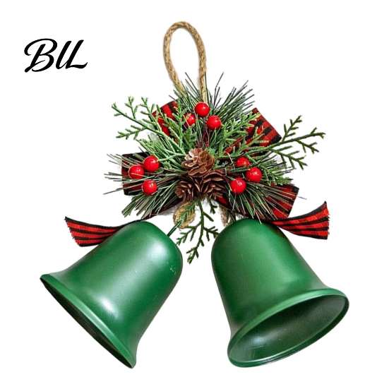 Vintage Style Hanging Decorations Christmas Bell Ornaments, Metal Double Jingle Bells Xmas Tree Retro Iron Ornaments Decoration with Pinecones Berries
