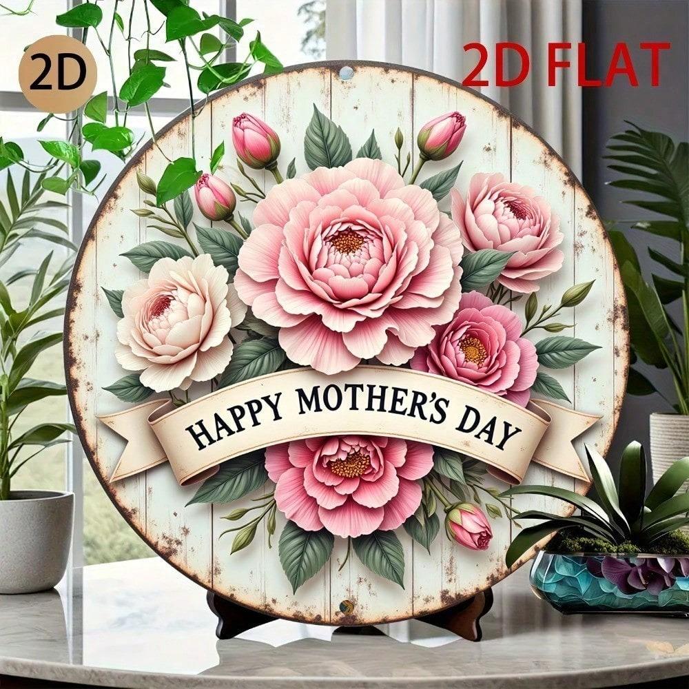 2D Round Aluminum Mother's Day Plaque 7.87" Peony Wall Art Decor