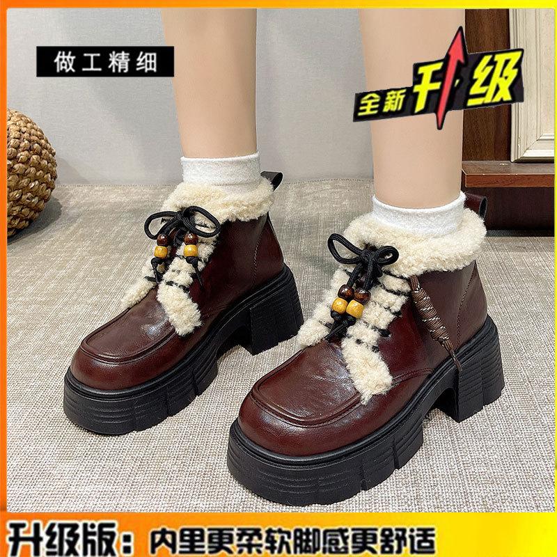 Leder Plateausohle Erhöhte Samt Martin Stiefel Damen Schneestiefel Winter Neu Verdickte Warme Baumwollschuhe Kurze Stiefel