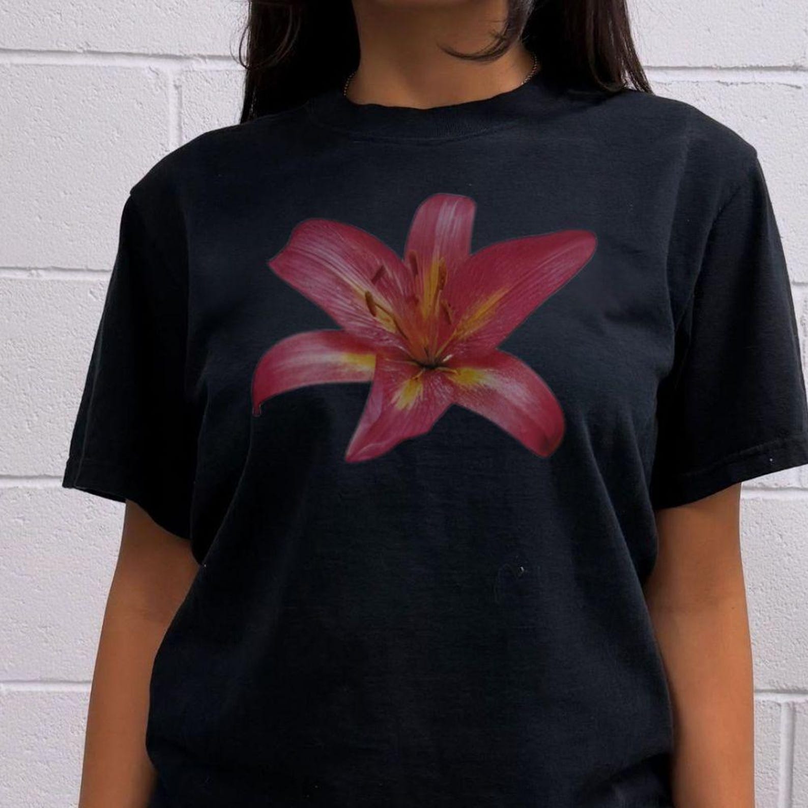 Pink Lily Flower TShirt, Floral Shirt, Botanical Graphic Tee, Minimalist Flower Print, Cottagecore Top 2XL
