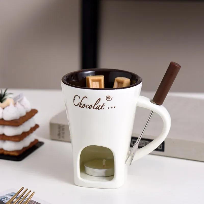 New Ceramic Chocolate Chafing Dish Cup with Fork Candle Pot Melting Chocolate Mug Tableware Creative Household Drinking Utensils