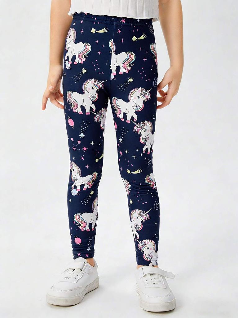 Girls Unicorn Printed Leggings Yoga Pants, Stretchy Opaque Activewear for School & Sports, Kids 3T-7Y