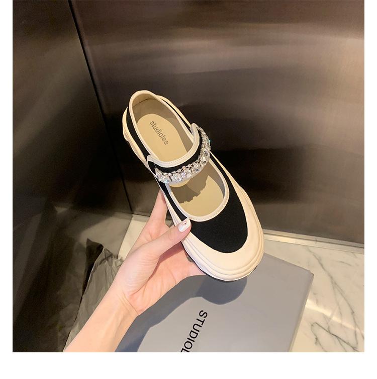 Grape Mom 2025 Rhinestone Word with Velcro Big Round Head Shallow Mouth Mary Jane Half Drag Canvas Shoes Women's Platform Shoes