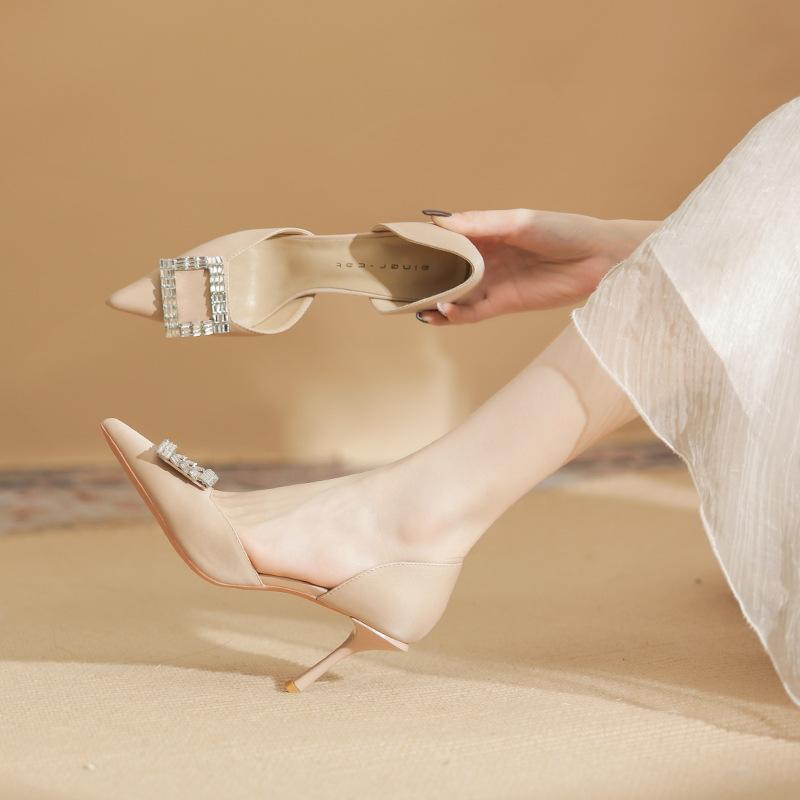 8219-2 [sheepskin] High Heels Women's Spring 2025 New Pointed Temperament Square Buckle Shallow Mouth Rhinestone Shoes