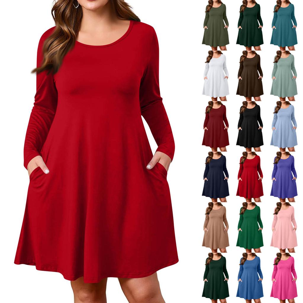 Plus Size Women's Solid-Colour Casual Dress Spring Pocket Round Neck Long-Sleeved Dress