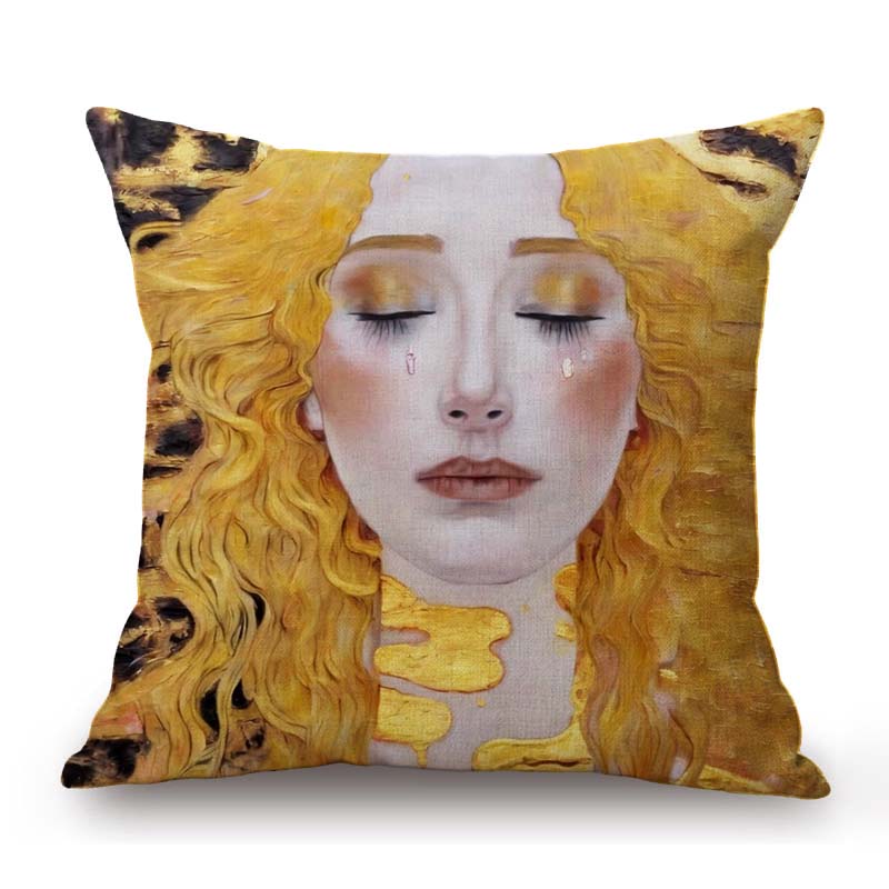 Gold Yellow Klimt Style Elegant Lady Girl Nouveau Art Home Decoration Sofa Throw Pillow Case Cotton Linen Bench Cushion Cover