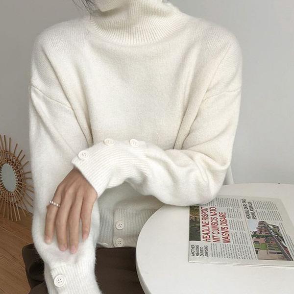 Retro High Neck Button Sweater: Women's Autumn/Winter Solid Color Knit with Slit