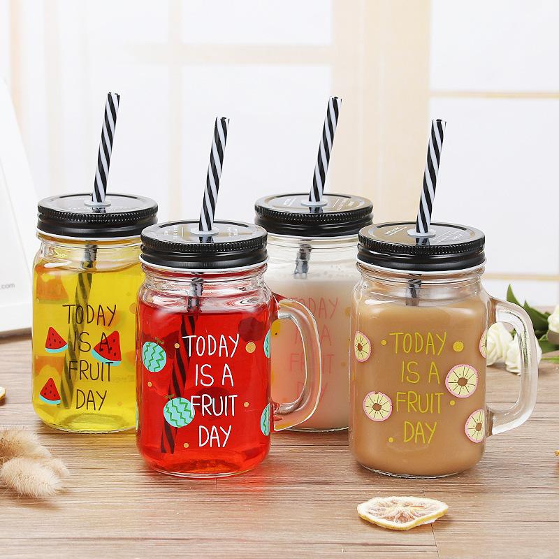 Summer Fruit Creative Mason Jar Cold Drink Glass Cup Juice Beverage Cup with Lid 500ml