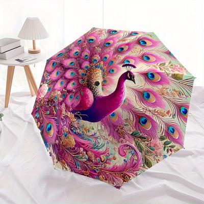 1pc Pink Peacock with Open Tail Pattern Automatic 3-Fold Umbrella, 8 Iron Frames, High-Value Folding Umbrella, Suitable for Office, Travel and Outdoor
