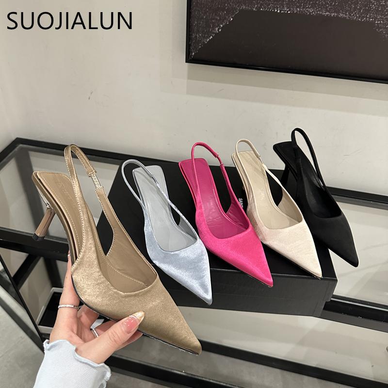 Móda SUOJIALUN 2025 Nová Značka Dámské Sandály Módní Špičatá Špička Nazouvací Boty Slingback Tenký Vysoký Podpatek Dámské Elegantní Společenské Lodičky
