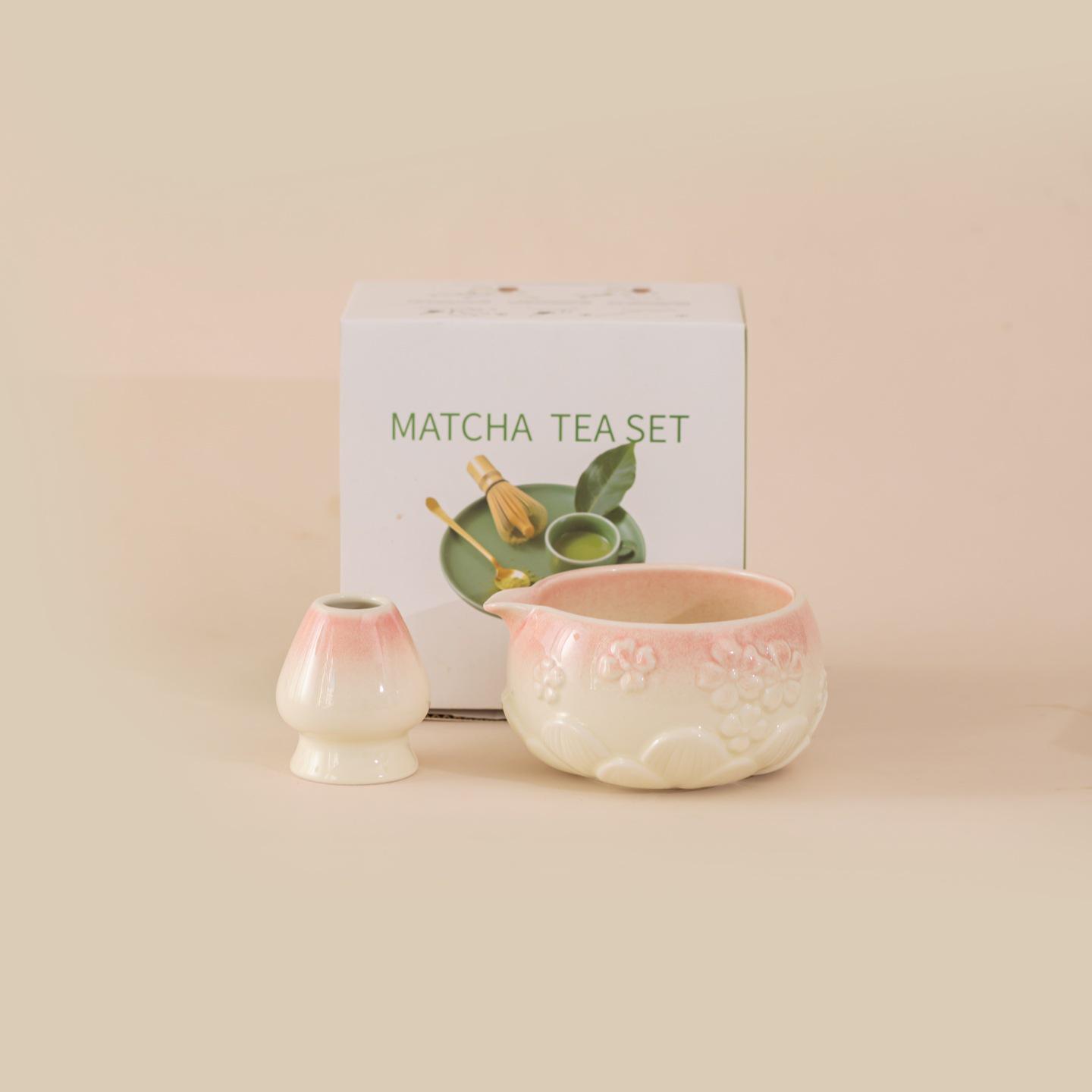 Embossed Cherry Blossom Matcha Bowl Set: 5-Piece Exclusive for Japanese Tea Ceremony