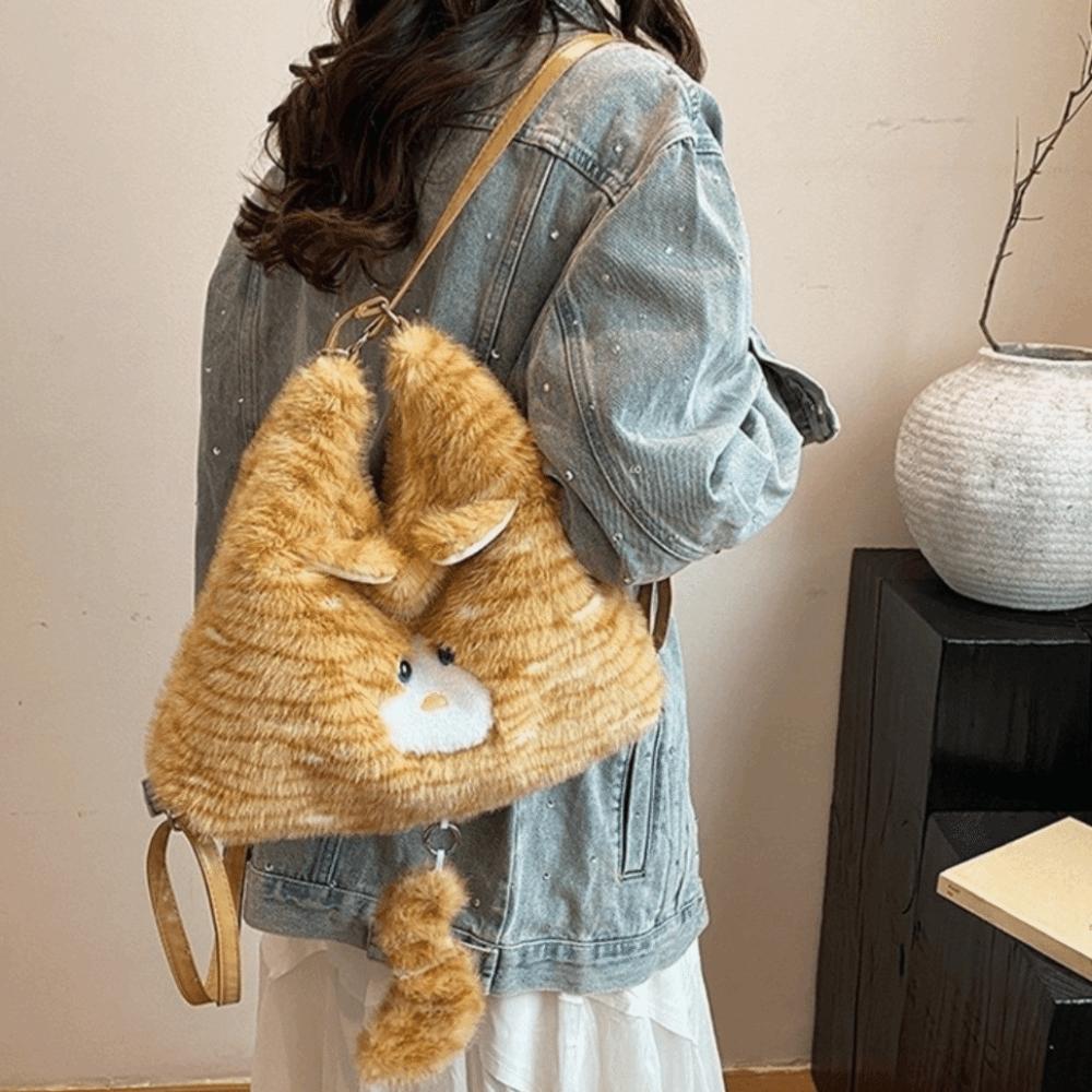 Large Capacity Furry School Bag Animal Cartoon Daypack Cute Cat Plush Backpack  Girls