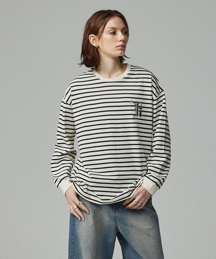 KITTY POTTERY Simple Logo Embroidered Striped T-Shirt Ivory & Wine