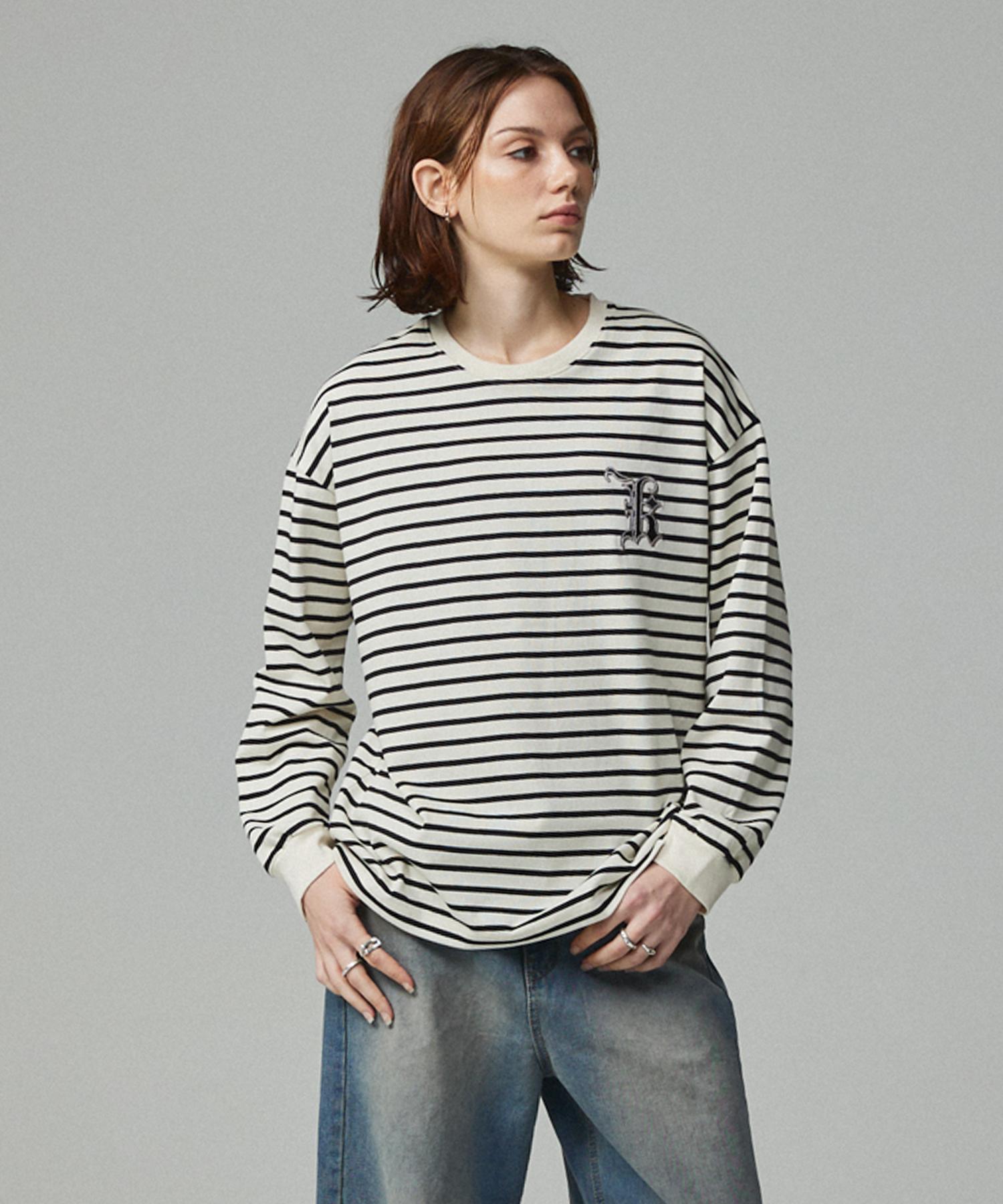 Kitty Pottery Simple Logo Embroidered Striped T-Shirt Ivory & Black Ivory & Black / Free