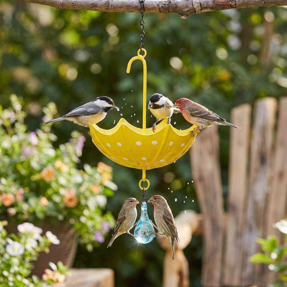 Regenschirmförmiger Hängender Vogelfutterspender Bunte Gusseisenkunst Vogeltränke Regenwassersammlung Rostfreier Futterspender Garten