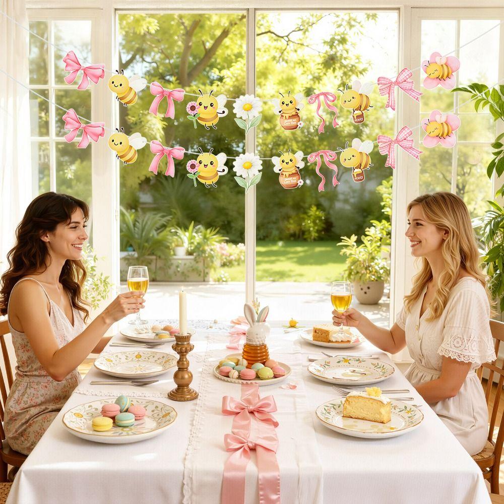 2-Layer Sweet as Can Bee Banner Pastel Watercolor Gender Reveal Bee and Daisy Garland with Bow Spring Party Decor