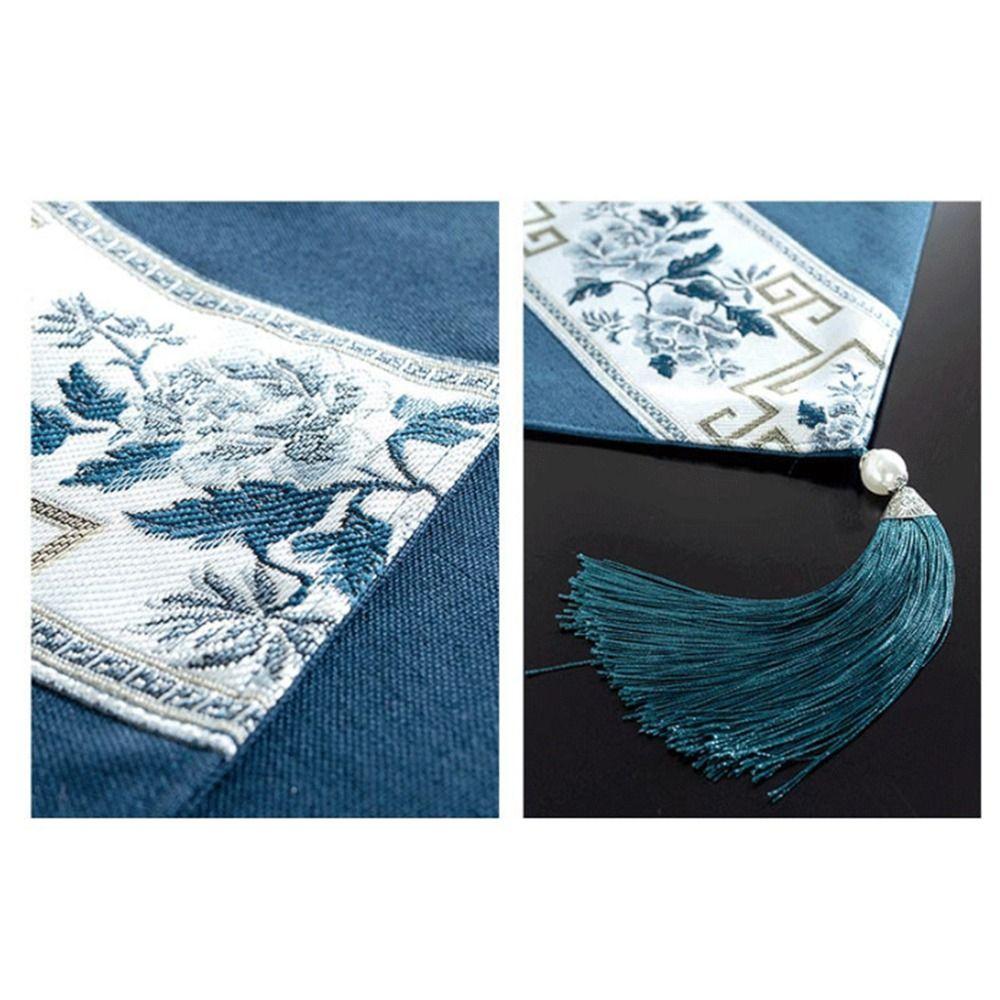Vintage Retro Table Flag Chinese Style Waterproof Floral Table Runner Decorative with Tassel Tea Table Cloth Festive Party Decor