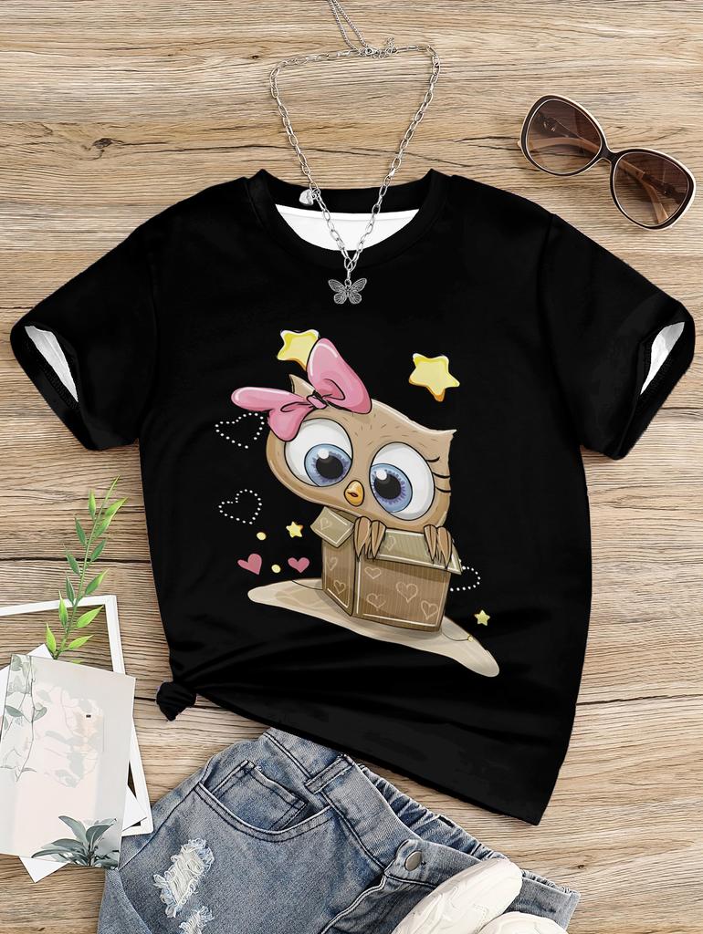 Ubrania dla dziewczynek Top Ubrania dla dzieci Dziecko Słodka koszulka z sową Ubrania dla dziewczynek Koszulki graficzne Koszulki dla dzieci Dziecięce Nastolatki