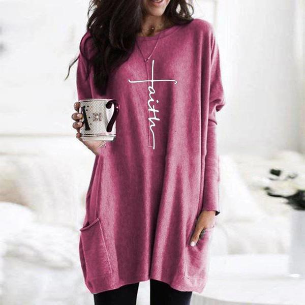 Høstmote Dame Langermet bluse Bokstavtrykt Casual Pocket Faith T-skjorte Damebluse Tunika Topper Plus Size