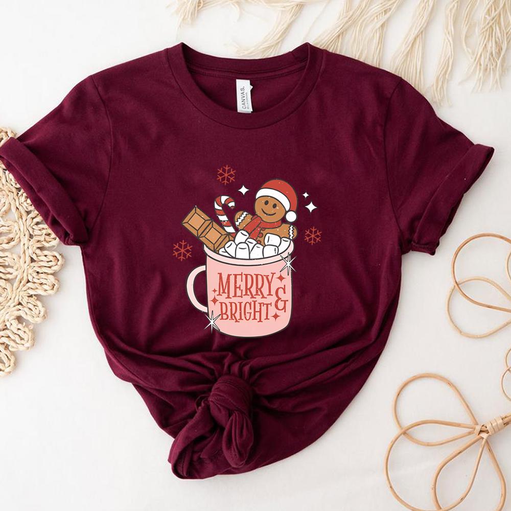 Gingerbread Retro Merry T Shirt Cute Xmas Tshirt Christmas Graphic T Shirts Merry Christmas Tee Womens Holiday Tops