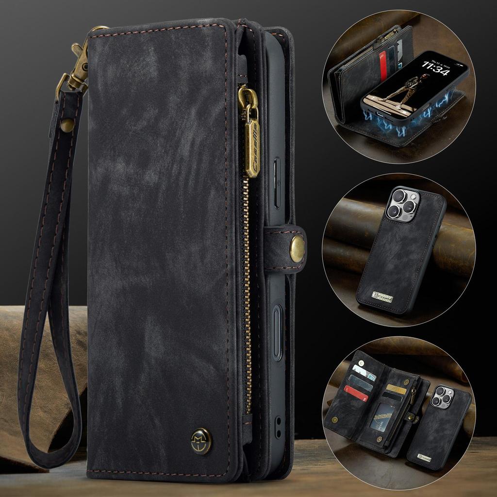 CaseMe-008 For iPhone 16 Pro Max Removable 2-in-1 Zipper Wrise Strap Multi-functional Wallet Case Card Slots Phone Cover