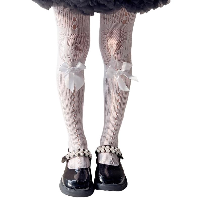 Fashion Fishnet Leggings for Girls Large Bowknot Tights Hollowout Stockings Kids Pantyhose for Summer Spring Dresses
