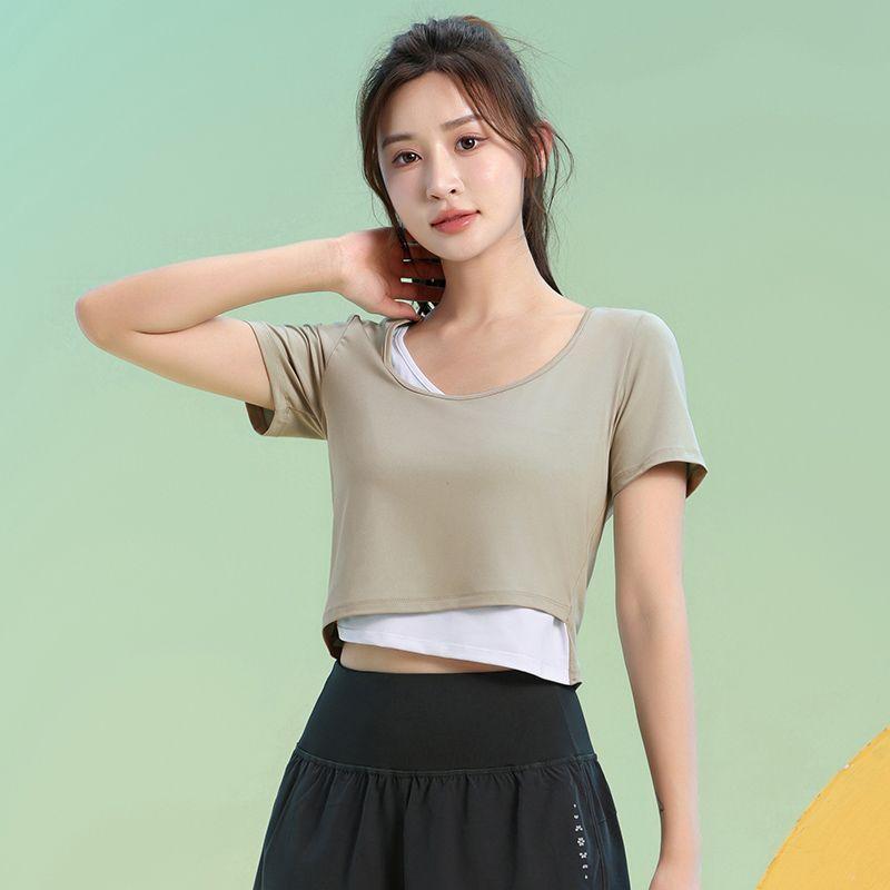 

Поддельный костюм-двойка для йоги, летнее бандажное платье, быстросохнущая одежда, женская футболка для бадминтона, спортивные топы, дышащая одежда для тренировок Brown short sleeve S