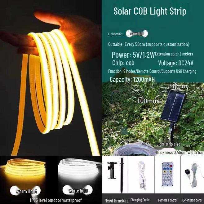 

Solar COB LED Strip: Waterproof, Smart Remote, Low Voltage, Warm White Ambient Light 3m strip + 2m extension = 5m