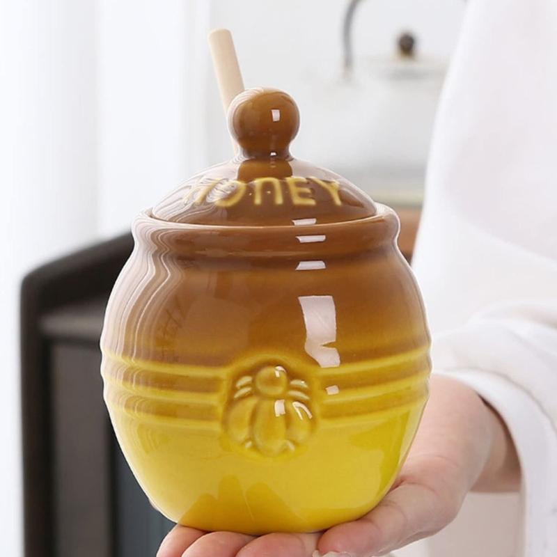Set Retro di Vasi per Miele con Bastoncino di Legno Contenitore Ceramico Artigianale e Mescolino in Legno per la Cucina di Casa