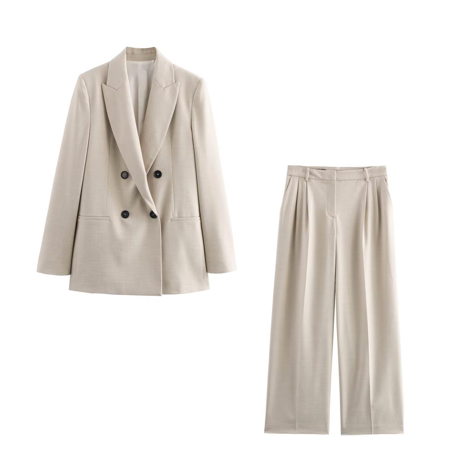 

2025 Spring Women s Slim Double-Breasted Blazer & Pleated Wide-Leg Pants Set M