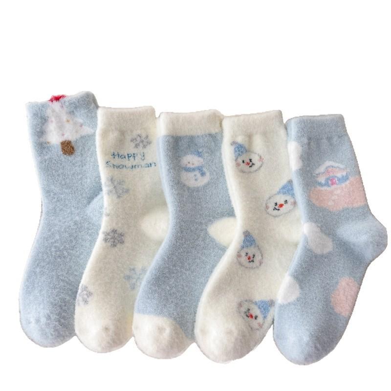 Blaue Schneemann Plüschsocken Mittelhohe Socken Plüsch Verdickte Plüschsocken Niedliche Cartoon Schlaf-Socken