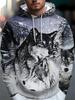 Felpa con cappuccio alla moda streetwear da uomo con un motivo di lupo innevato a tre occhi.