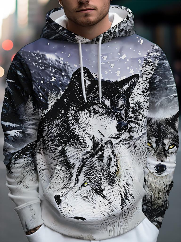 Felpa con cappuccio alla moda streetwear da uomo con un motivo di lupo innevato a tre occhi.