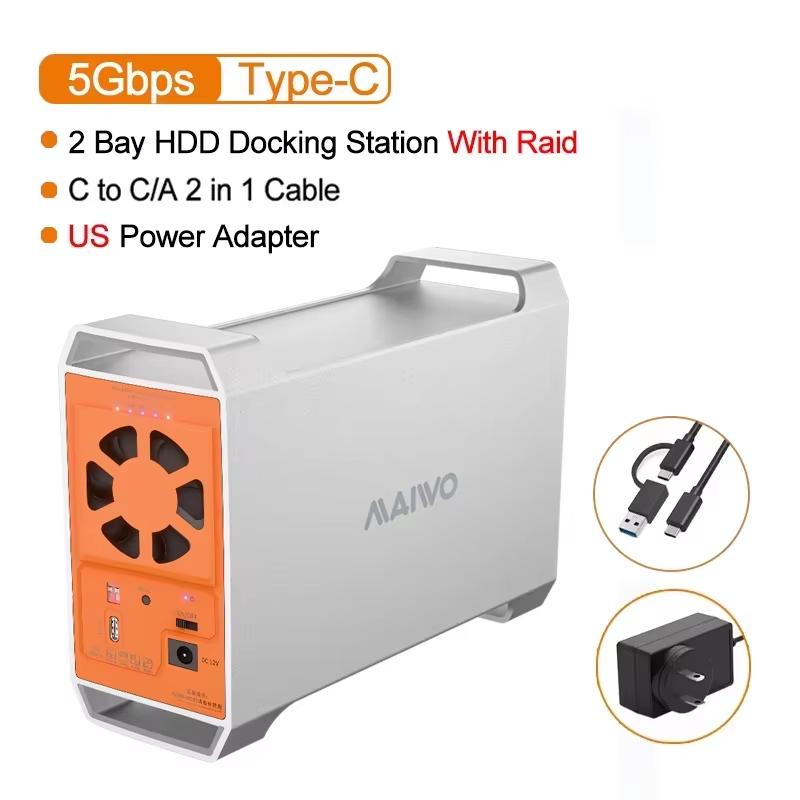 MAIWO 2 Bay HDD Docking Station SATA To USB Type-C Hard Drive Enclosure for 2.5/3.5 Inch Hard Drive Case with 4 RAID Modes Case