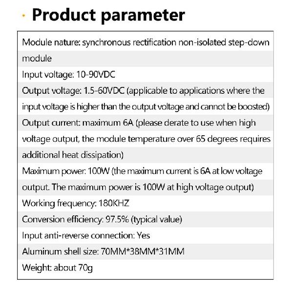100W 6A DCDC Buck Converter 10-90V 12V 24V 36V 48V 60V 72V 86 to 1.5V-60V Step-down Power Voltage Regulator Module