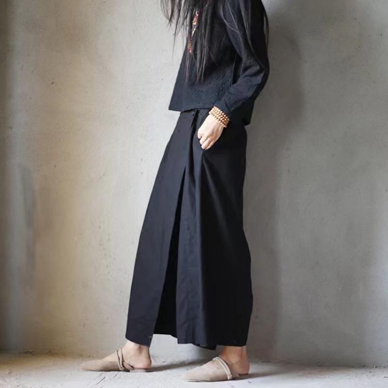 2026 Artistic Cotton Linen Plus Size Wide Leg Elastic Waist Culottes Skirt Pants for Women