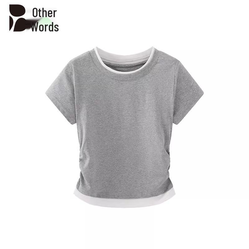 Women s Fake Two-Piece Pleated Short Sleeve T-Shirt XL