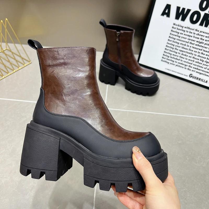 Vintage Punk Style Women Ankle Boots Fashion Modern Short Booties Ladies Elegant Thick Heels Botas Mujer