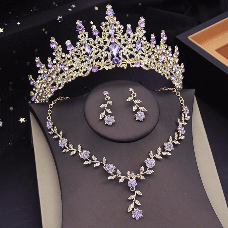 3 pcs Pink Bridal Jewelry Sets for Women Crown Flower Choker Necklace Earring Wedding Tiara Bride Costume Accessories