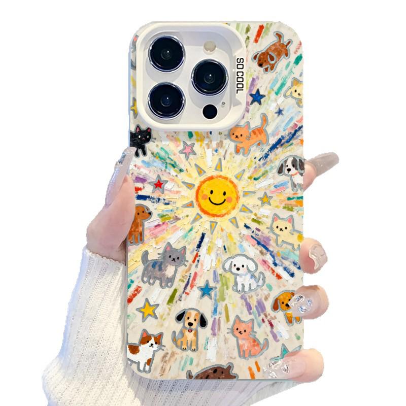 Cartoon Frosted Silver Phone Case for Apple 14/15/16/17 Pro/Pro Max/Plus, Sun Cat & Dog Design
