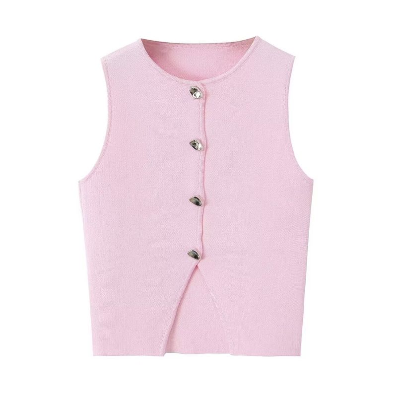 Spring New Minimalist Temperament Commute Fashion All-Match Round Neck Sleeveless Split Knitting Short Top 5536027
