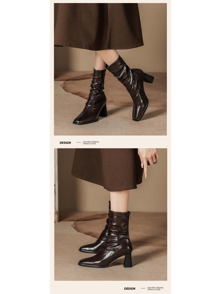 Pleated Retro French Ankle Boots with Velvet Lining, Mid-Calf Height, Back Zipper, and Slim Square Toe for Women.