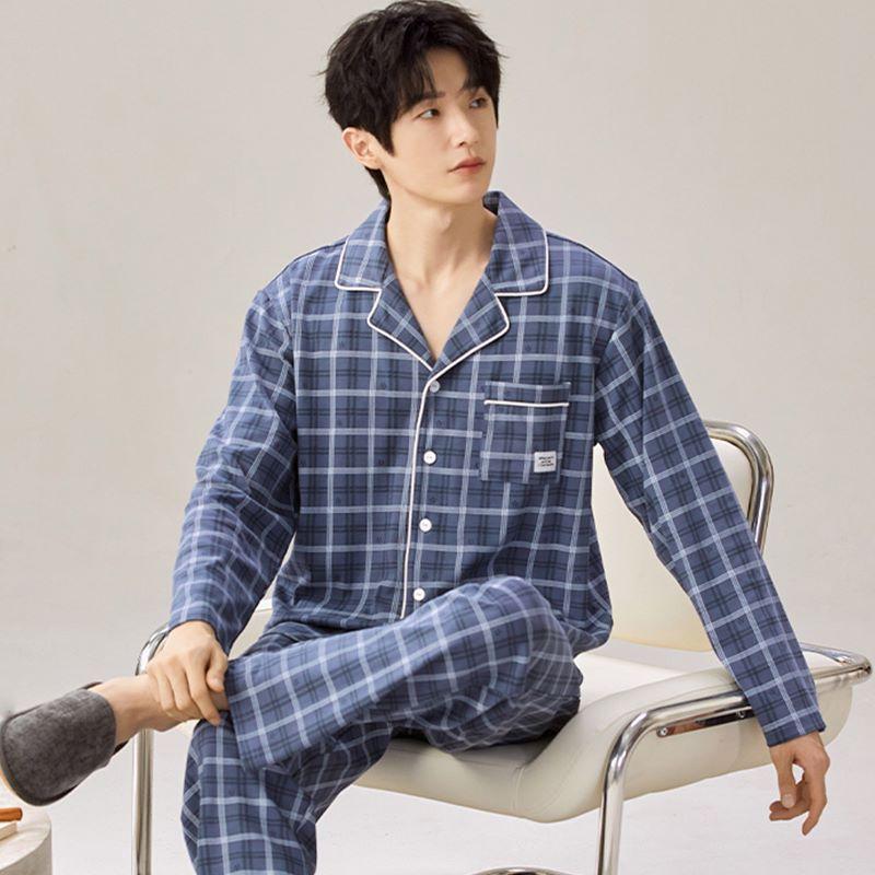 Spring and Autumn Men's Pajamas Homewear Suit Men's Cotton Cardigan Simple Large Size Cotton Can Be Worn Outside Homewear