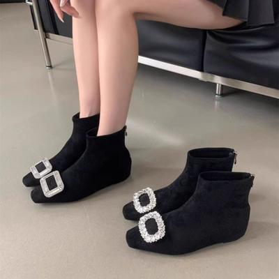 Herbst- und Winterstiefel, Kurze Stiefel für Damen, Neue flache Stiefel mit quadratischer Schnalle, Einzelne Schuhe