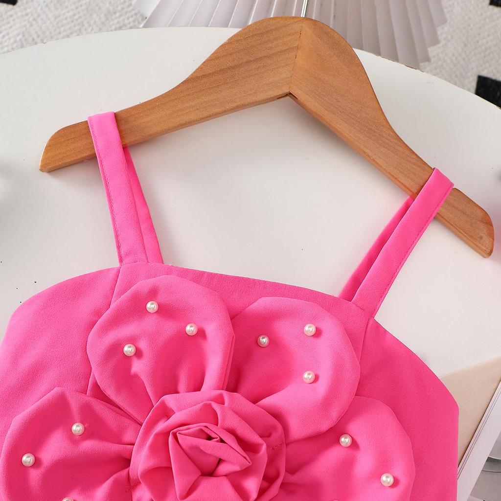 2PCS Girls 3D Flower Beaded Cami Top & Button Skirt Set, Casual Summer Two-Piece Outfit