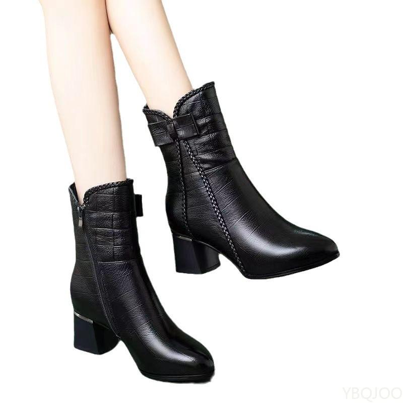 Fashionable versatile thick heel pointed midsole boots added fleece warmth comfortable women elegant minimalist women's shoes