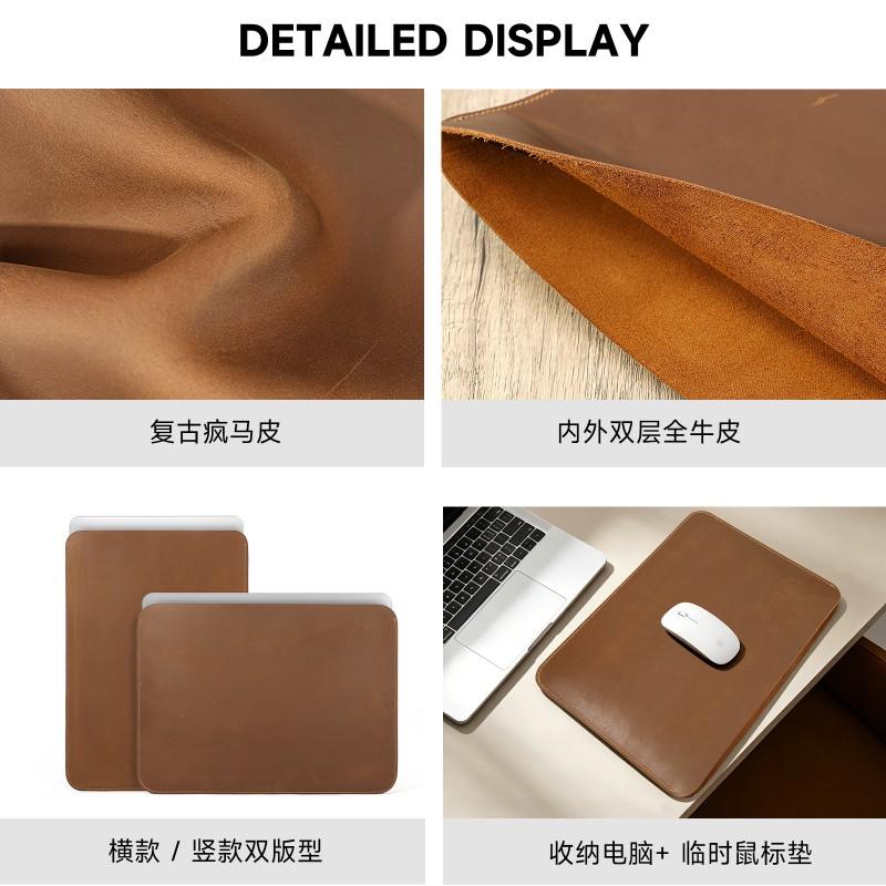 Premium Crazy Horse Leather Laptop Sleeve 13 Inch Notebook Case Horizontal Vertical Style Men Women Retro Minimalist